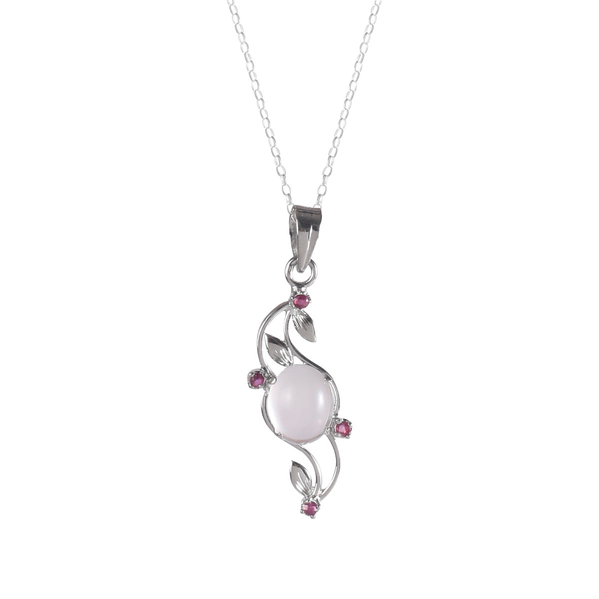 925 Sterling Silver Moonstone & Ruby Pendant Necklace – Elegant Floral Design with Ruby Stone