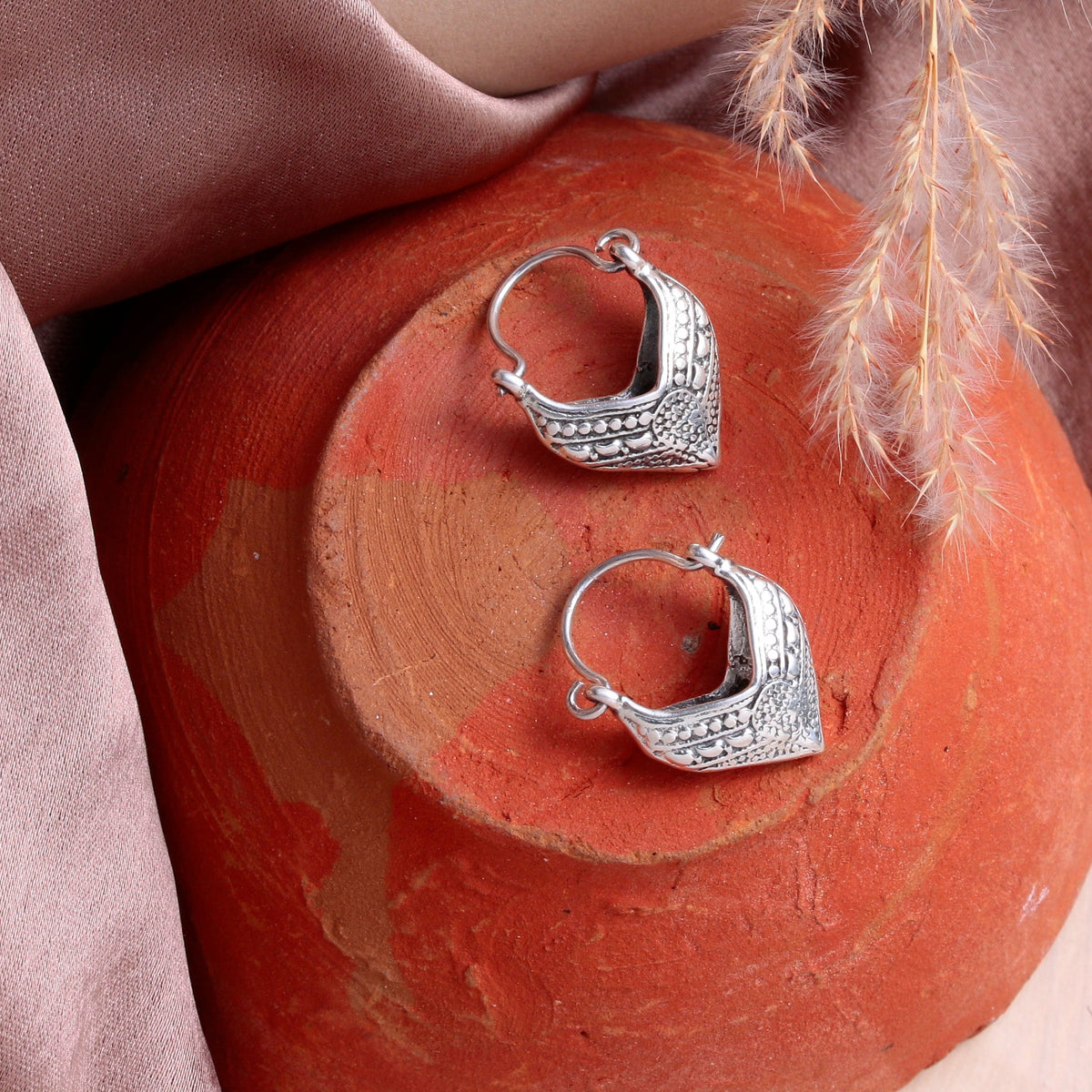 925 Sterling Silver Vintage Boho Hoop Earrings – Handcrafted Tribal Design