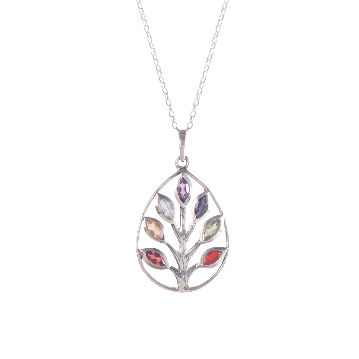 925 Sterling Silver Chakra Stone Tree of Life Pendant Necklace – Healing Multigemstone Jewelry