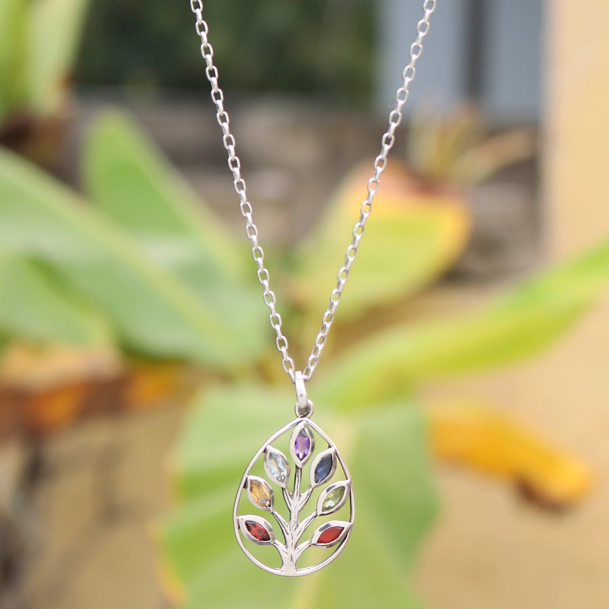 925 Sterling Silver Chakra Stone Tree of Life Pendant Necklace – Healing Multigemstone Jewelry