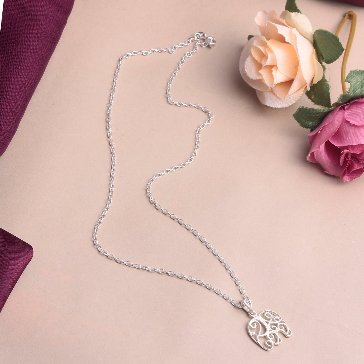 925 Sterling Silver Elephant Pendant Necklace – Elegant Filigree Design, Handmade Jewelry for Women