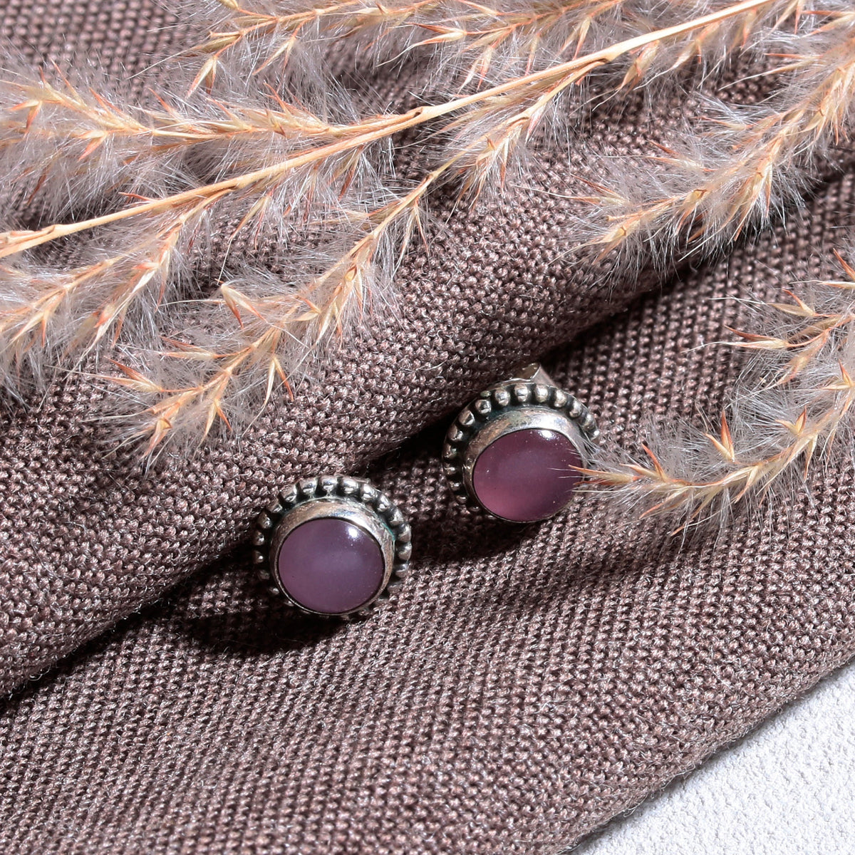 925 Sterling Silver Pink chalcedony Stud Earrings – Vintage Boho Style