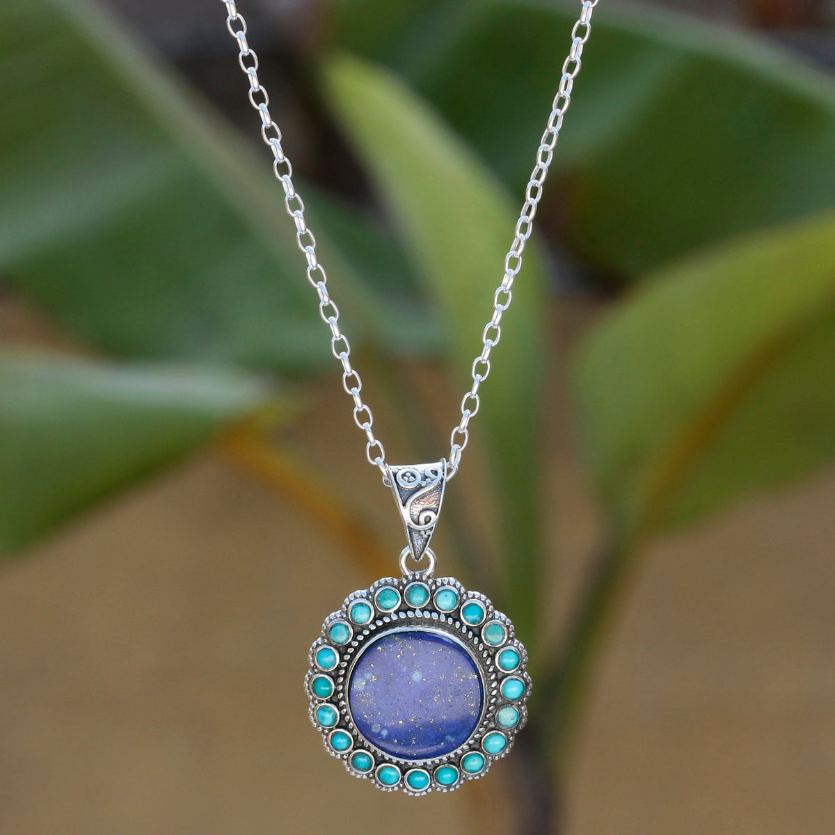 925 Sterling Natural Lapis with Turquoise Pendant Necklace with 18" Sterling Silver Chain – Healing Crystal Jewelry for Women