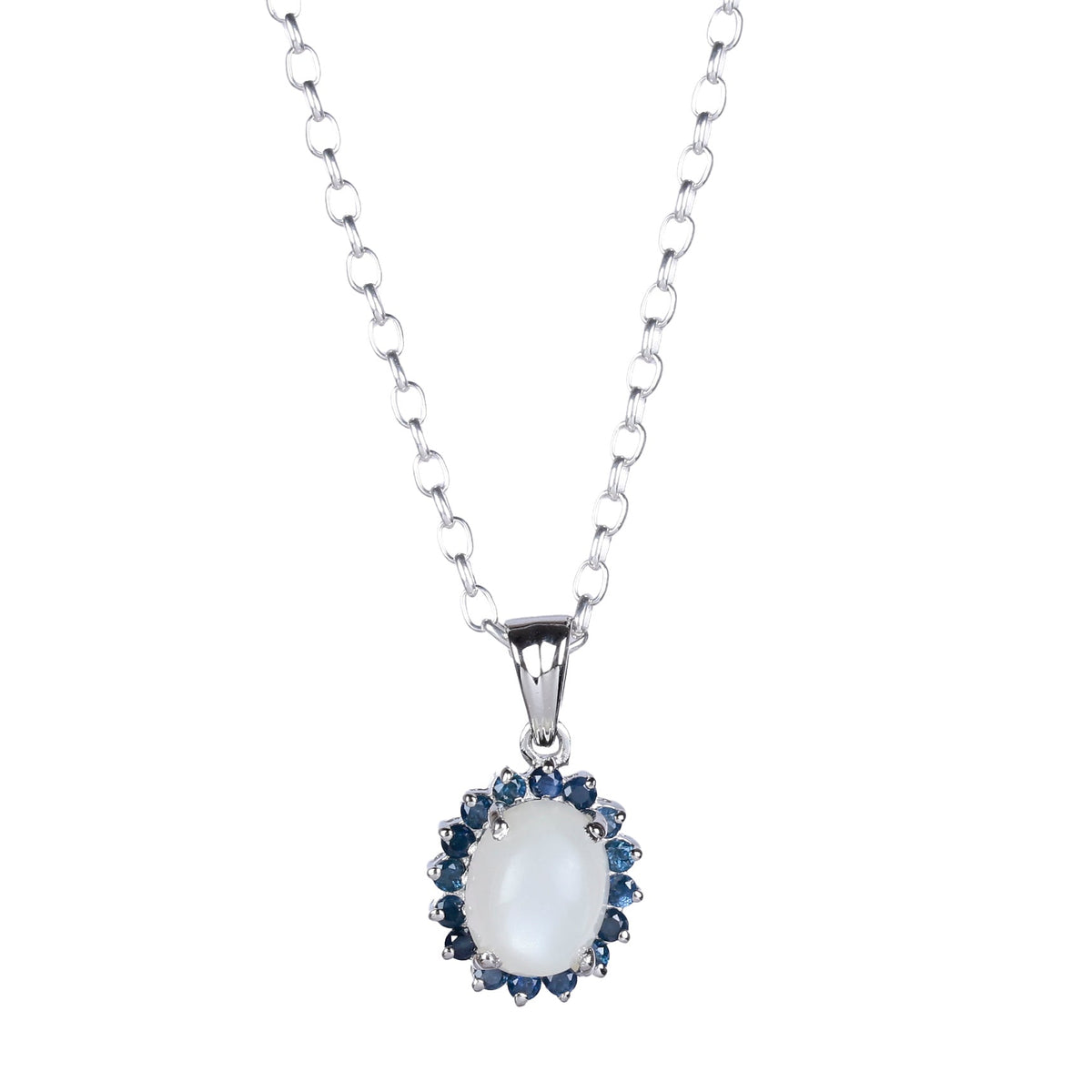 925 Sterling Silver Moonstone with Blue Sapphire Pendant Necklace – Elegant Design with Ruby Stone For Women