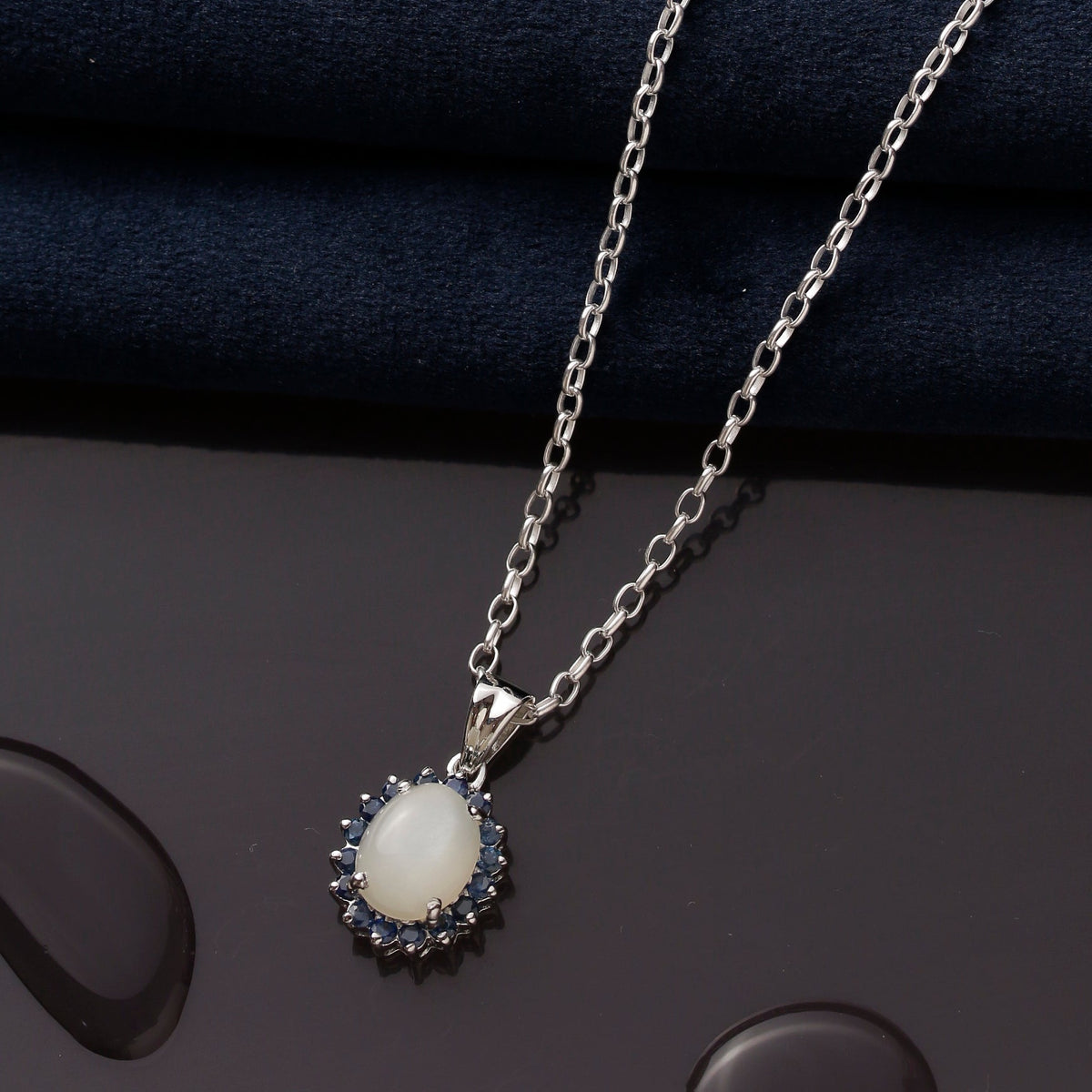 925 Sterling Silver Moonstone with Blue Sapphire Pendant Necklace – Elegant Design with Ruby Stone For Women