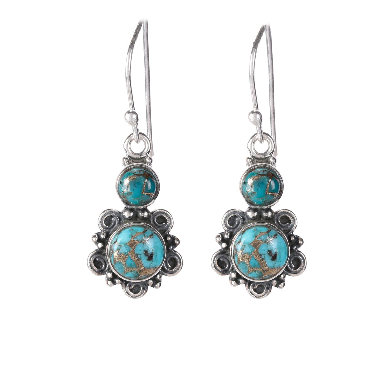 925 Sterling Silver Natural Turquoise Drop Earrings Sterling Silver Round Gemstone Dangles