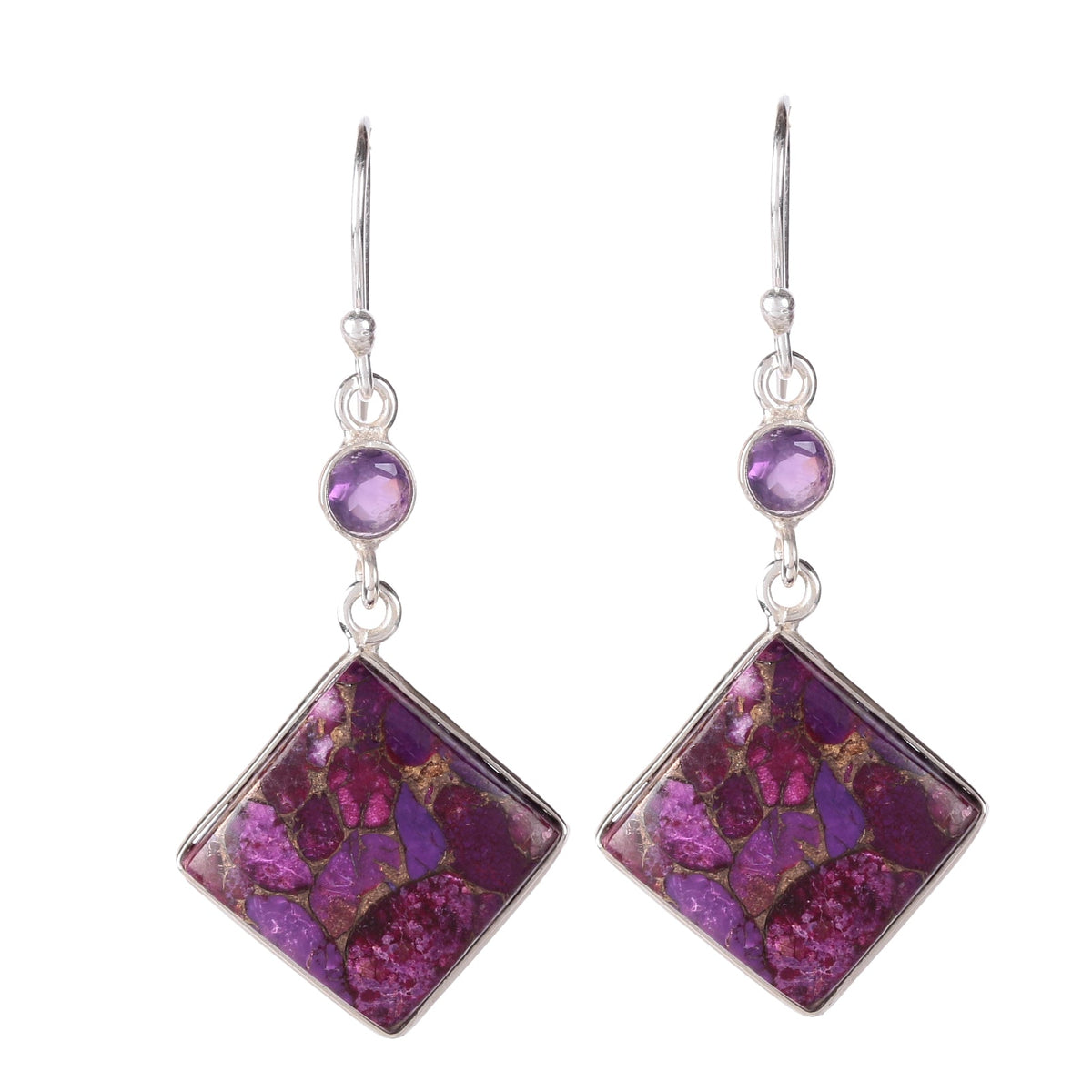 924 Silver Purple Turquoise Drop Earrings with Amethyst Stone – Elegant Sterling Silver Dangle Jewelry for Women