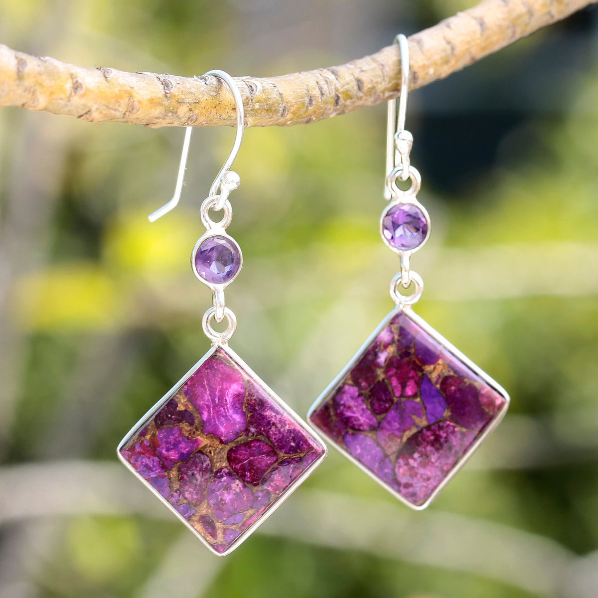 924 Silver Purple Turquoise Drop Earrings with Amethyst Stone – Elegant Sterling Silver Dangle Jewelry for Women