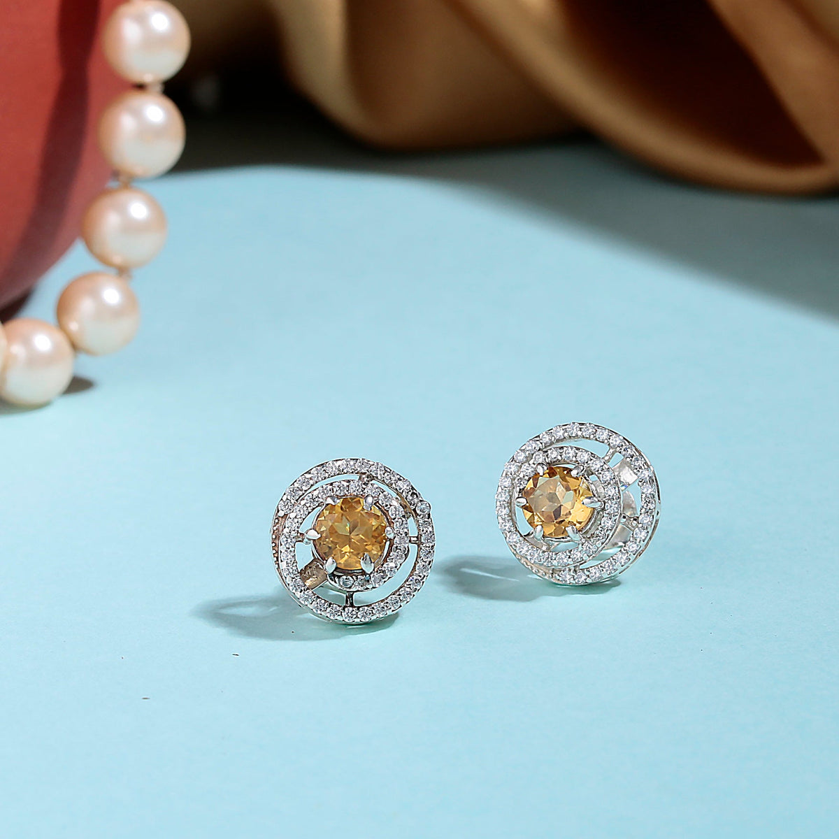 925 Floral Citrine With zircon stone Sterling Silver Eartops - Elegant Perfect for Parties, Weddings, or Everyday Glam