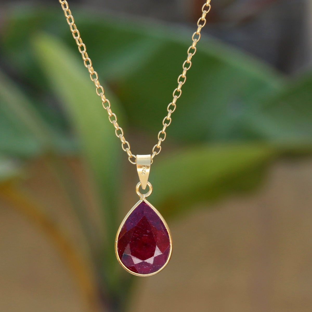 925 Sterling Silver Ruby Pendant Necklace – Handcrafted natural ruby gemstone on an 18-inch sterling Gold chain. Elegant, timeless jewelry for women