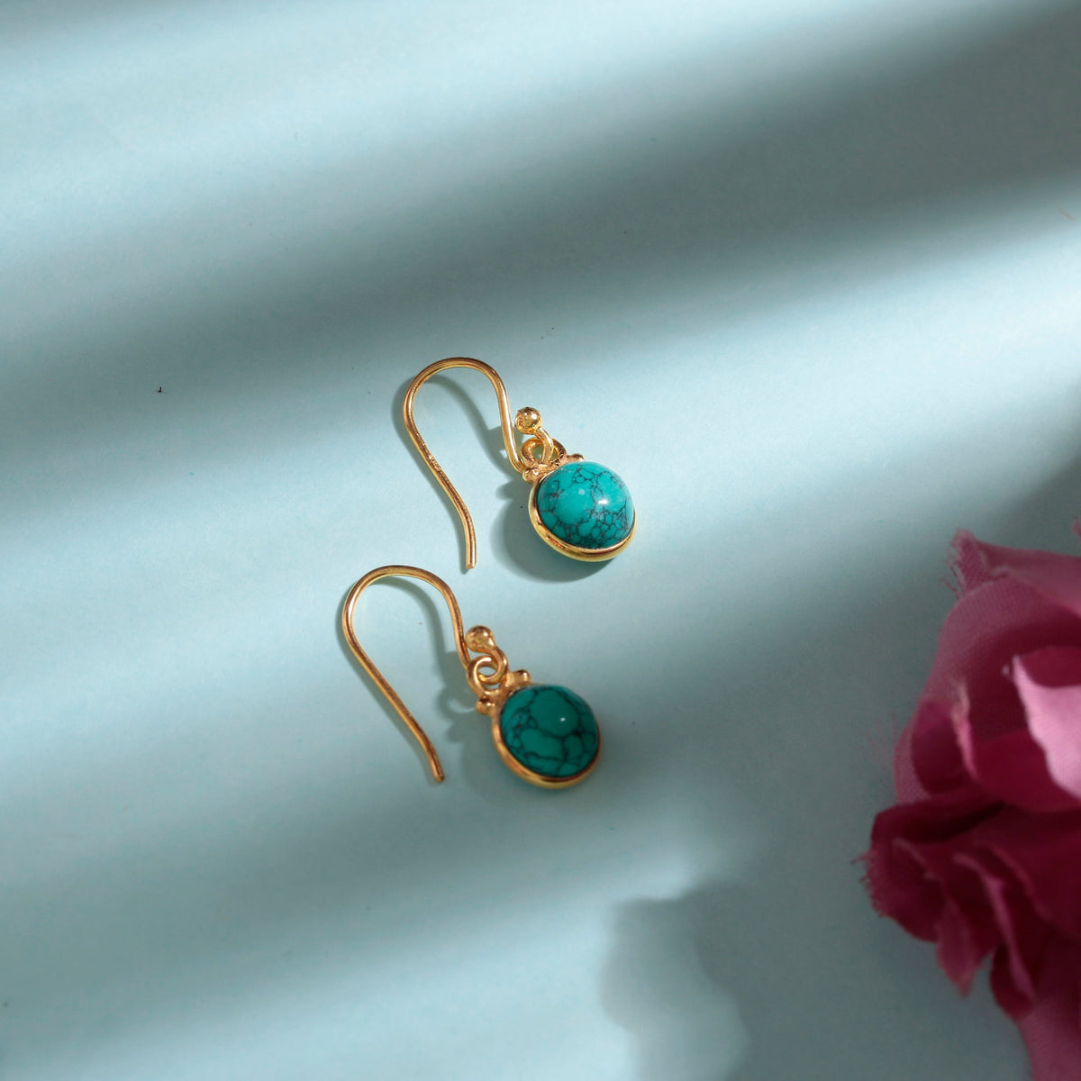 925 Silver round Turquoise handmade earrings in bezel setting with Gold Plating with ball earwire