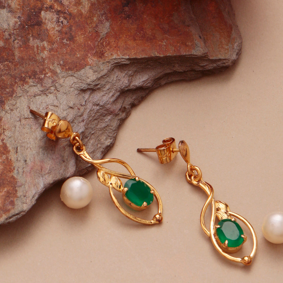 925 Sterling Gold Plated Silver Green Onyx Earrings for Women | Handcrafted Green Gemstone Jewelry | Classic and Stylish Design |