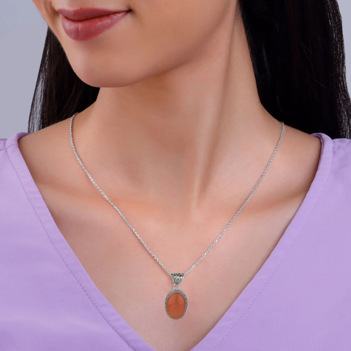 925 Silver Carnelian Pendant with 18" Chain for Women | Natural Orange Gemstone Jewelry | Daily Wear & Gift