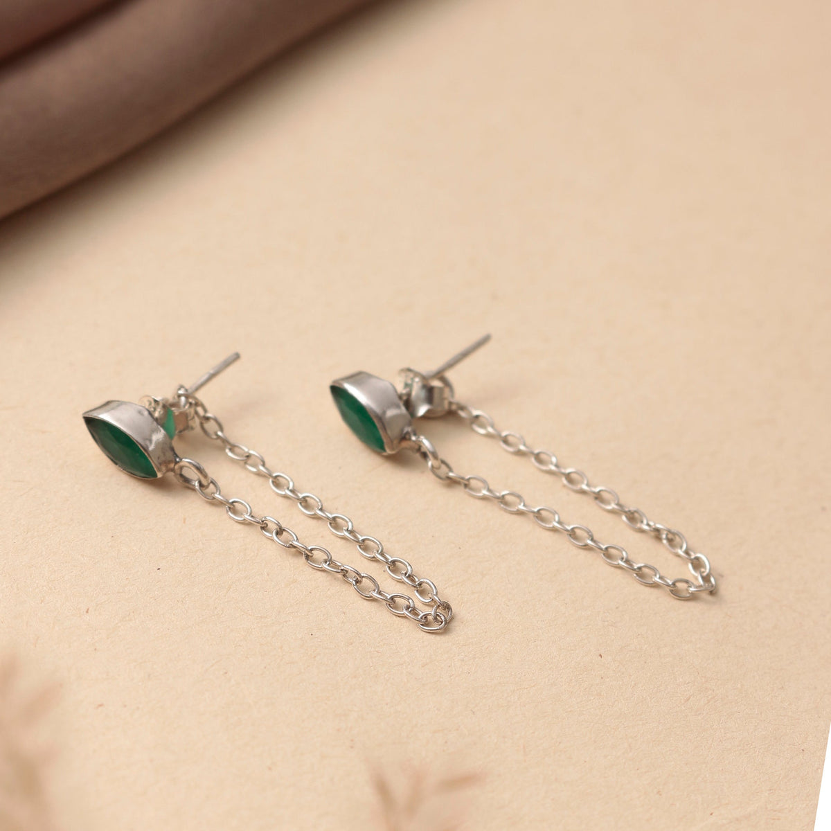 925 silver marquese faceted Emerald Gemstone Eartops with chain handmade in Bezel setting with push closure