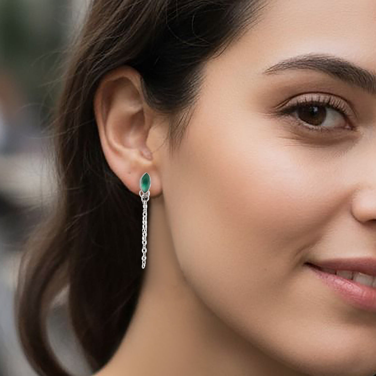 925 silver marquese faceted Emerald Gemstone Eartops with chain handmade in Bezel setting with push closure