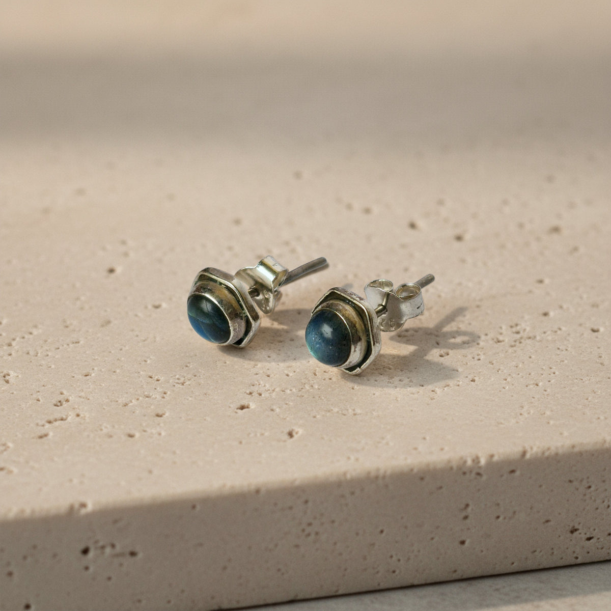 925 Silver Eartops in Round Cabuchon Labradorite Gemstone in Bezel setting in oxidised finish with Push closure in Light weight
