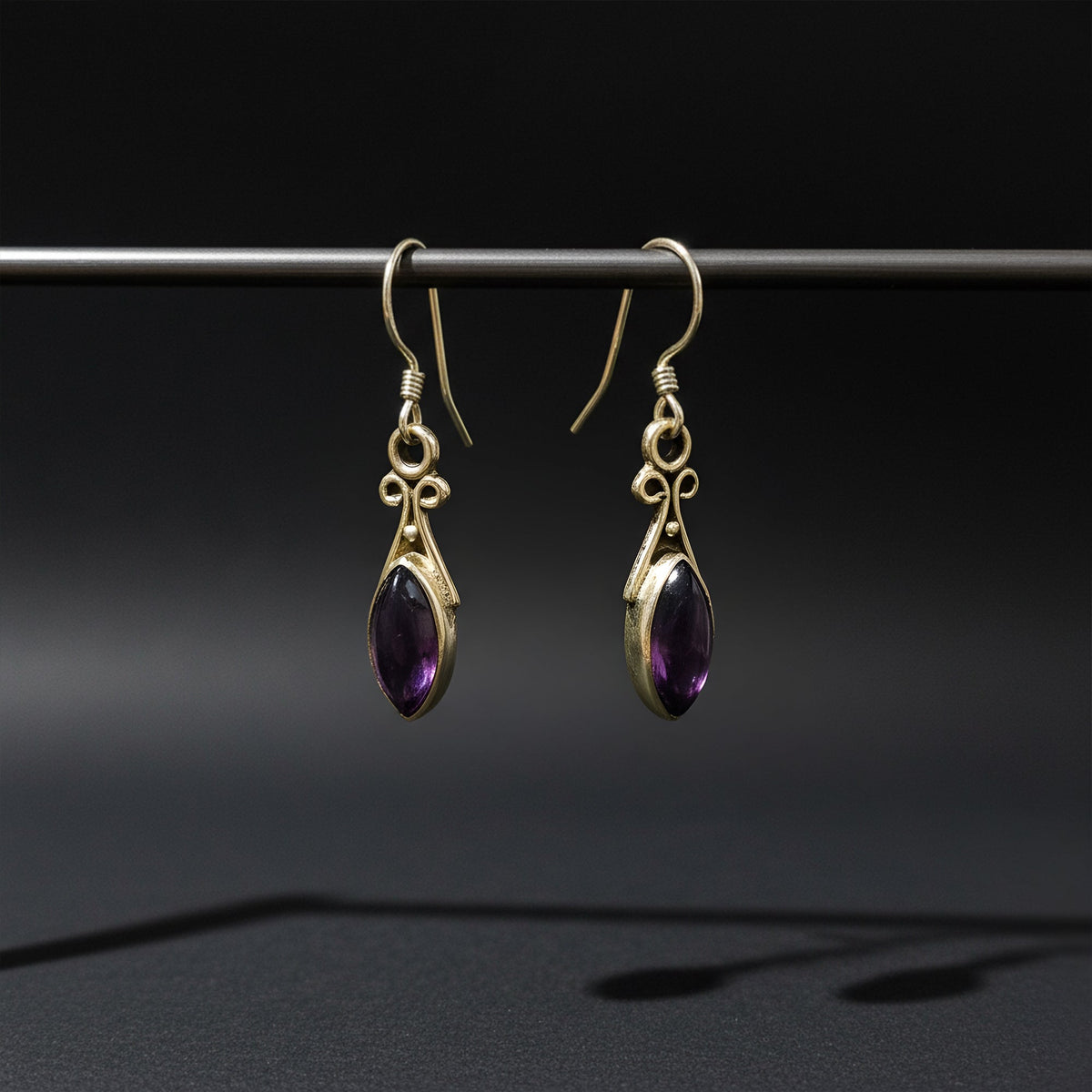 925 silver marquese gemstone Amethyst Earrings handmade with ball earwire in bezel setting