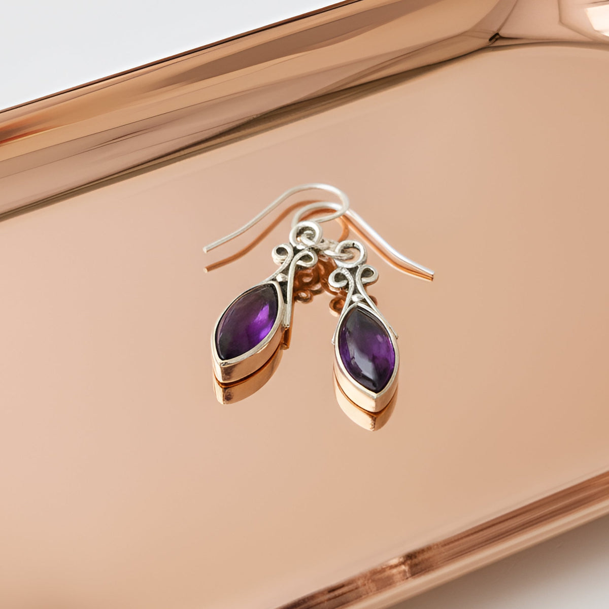 925 silver marquese gemstone Amethyst Earrings handmade with ball earwire in bezel setting
