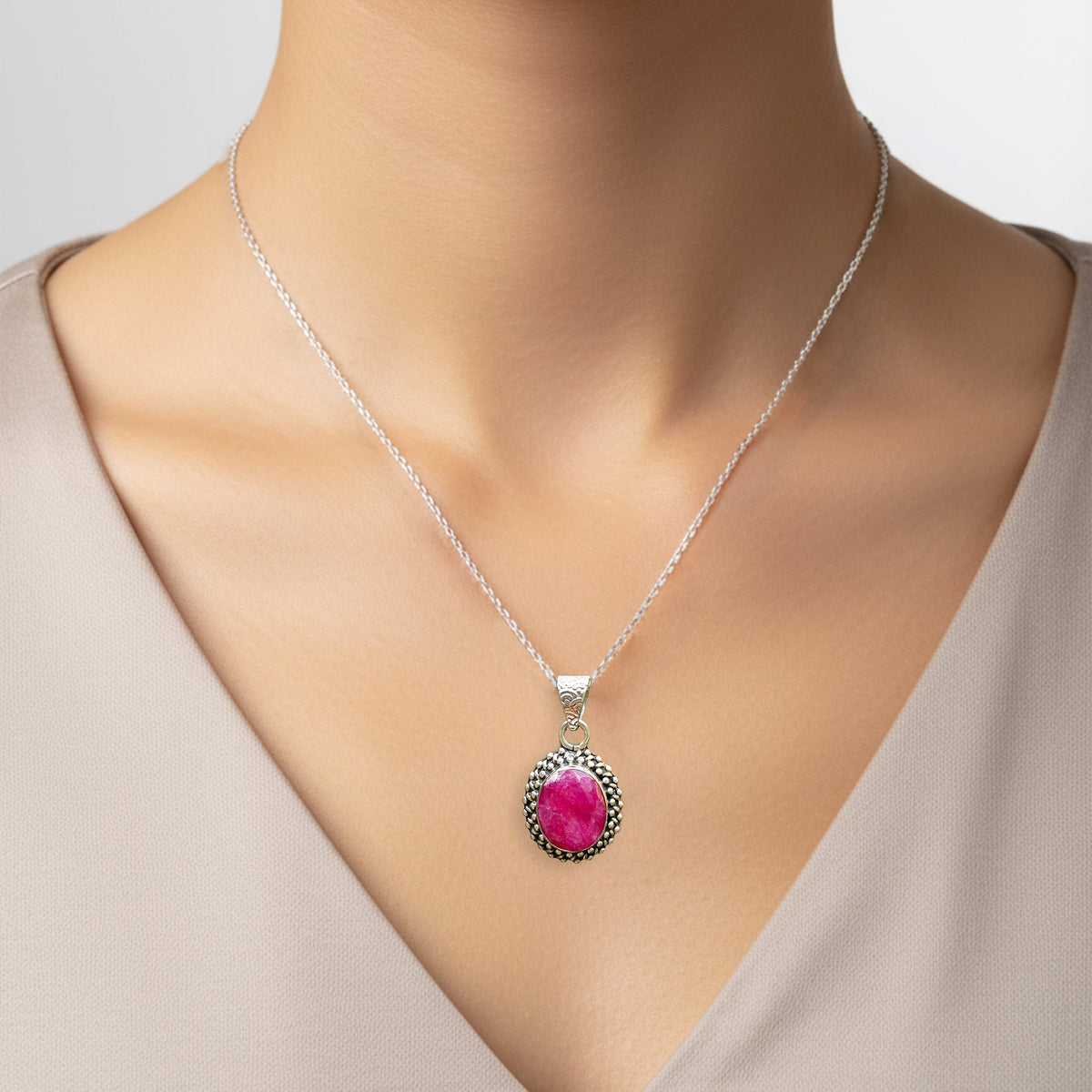 925 Sterling Silver Ruby Pendant Necklace for Women with 18" Chain | Handcrafted Pink Gemstone Jewelry | Size 2.5x1.4 cm