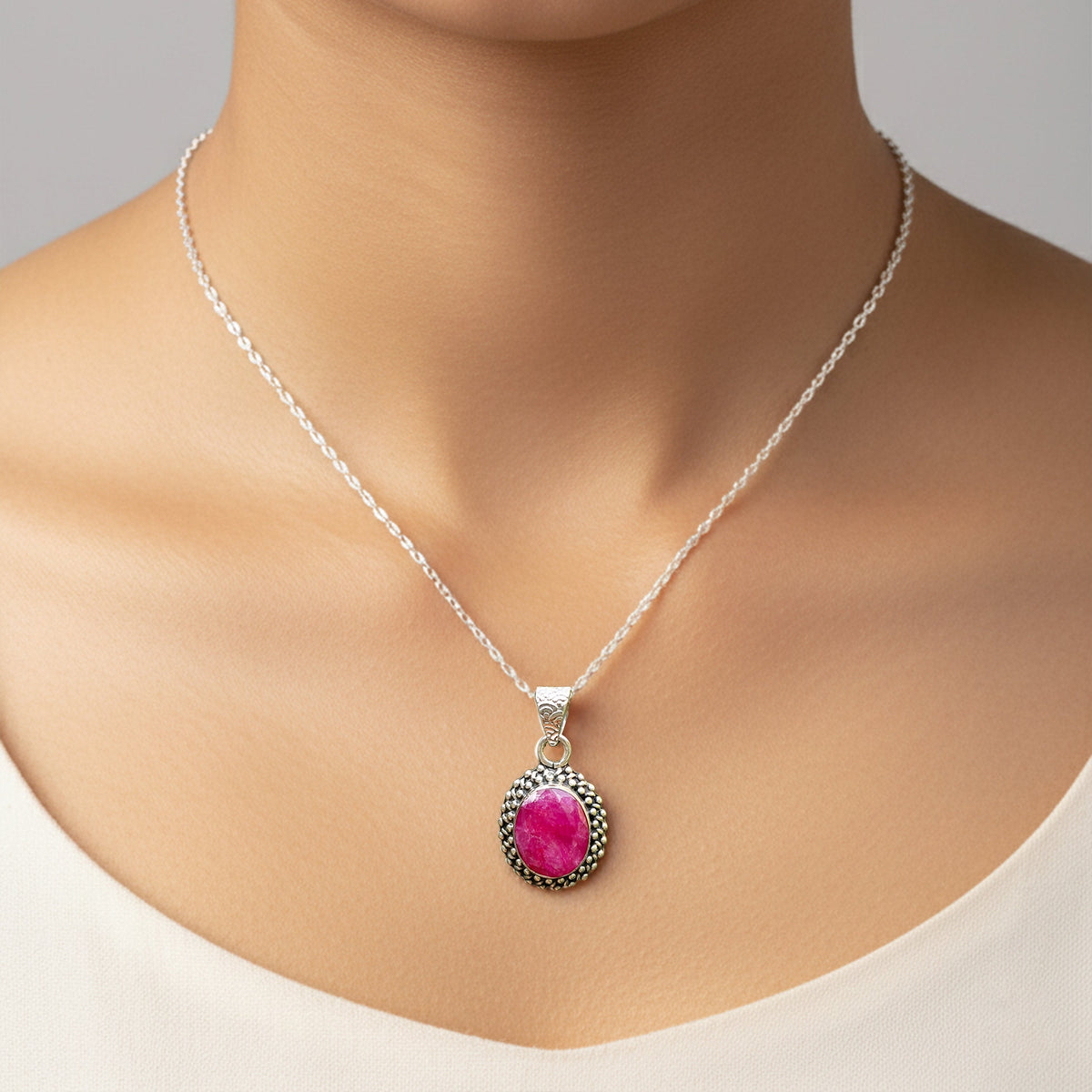 925 Sterling Silver Ruby Pendant Necklace for Women with 18" Chain | Handcrafted Pink Gemstone Jewelry | Size 2.5x1.4 cm