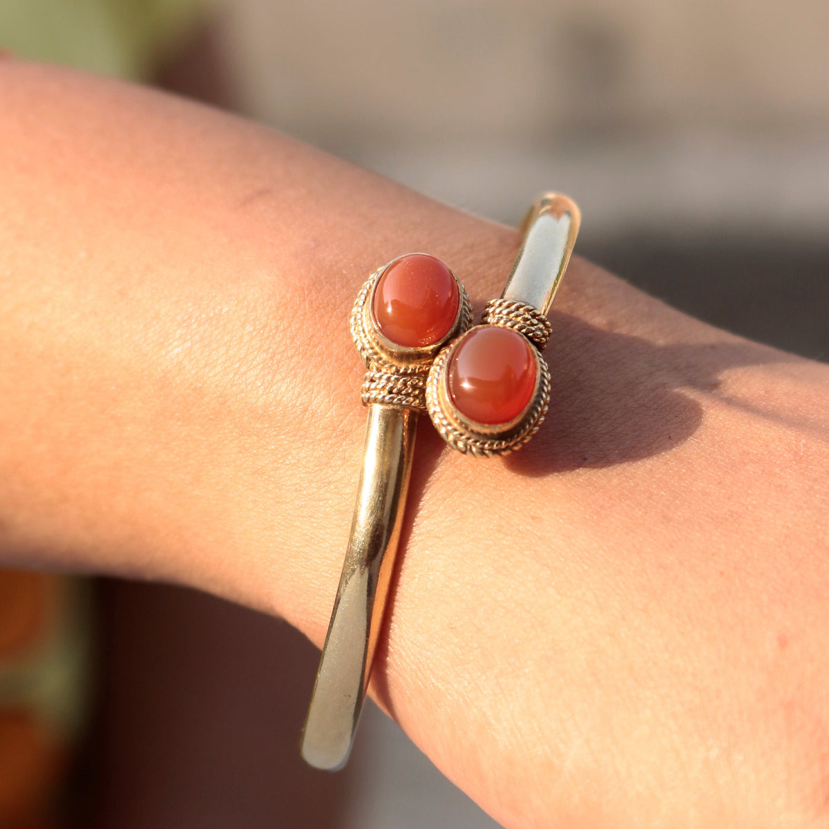 925 Sterling Silver Gold Plated Carnelian Bangle | Handcrafted Orange Gemstone Jewelry | Boho & Elegant Bracelet