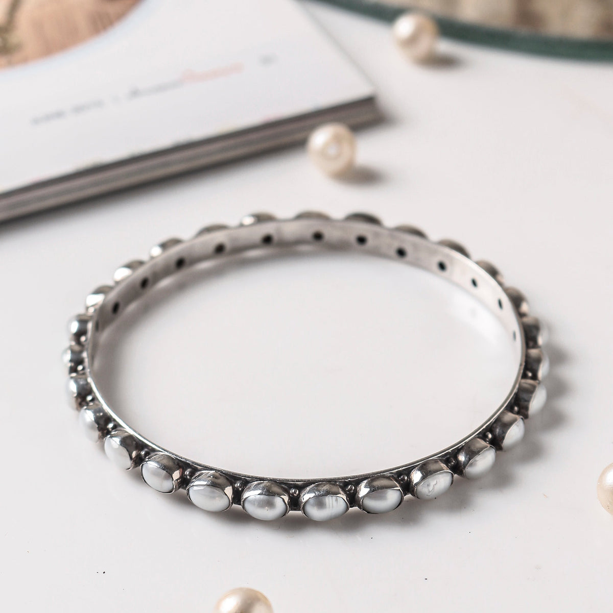 925 Sterling Silver Pearl Bangle | Classic White Stone Jewelry | Elegant Bracelet for Women & Girls