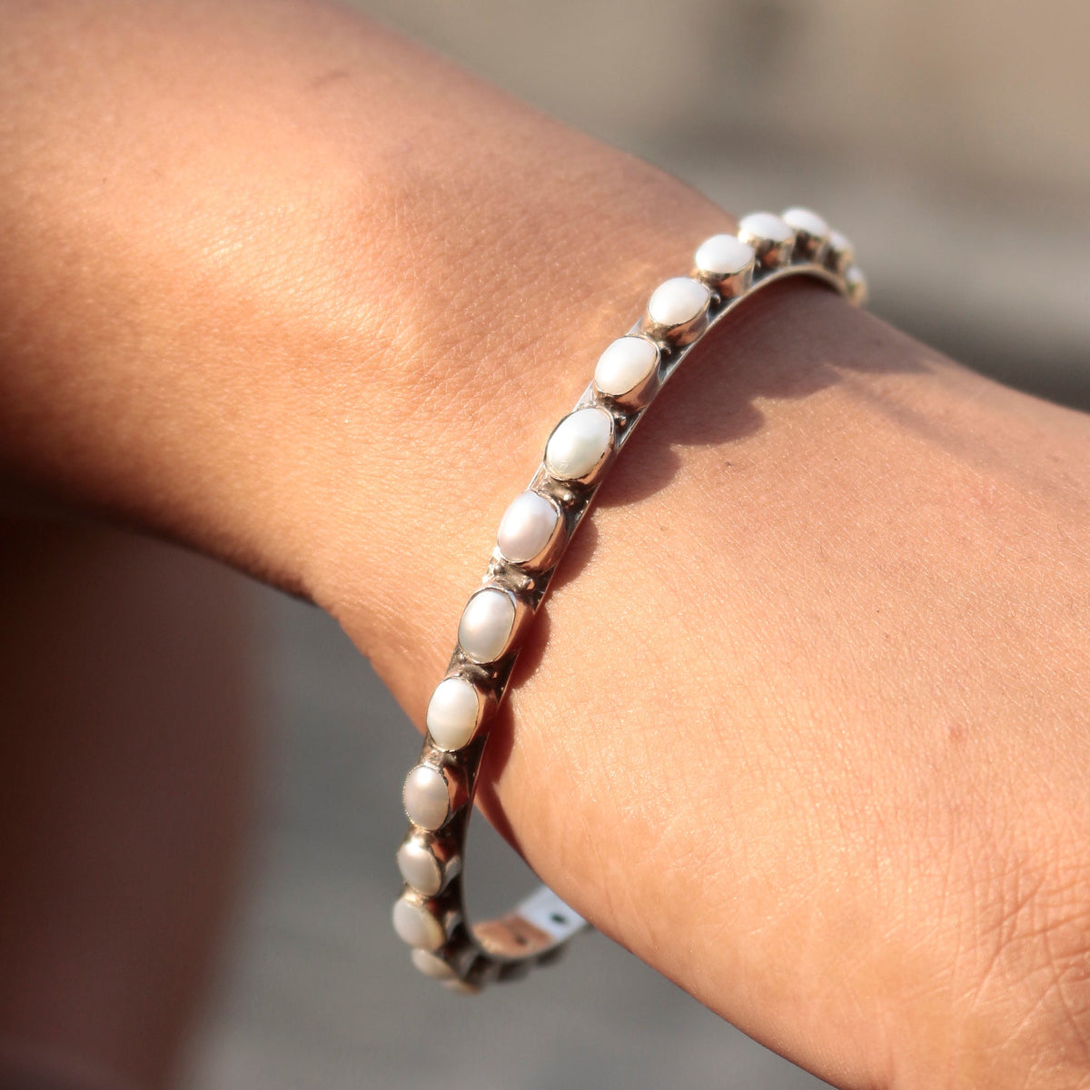 925 Sterling Silver Pearl Bangle | Classic White Stone Jewelry | Elegant Bracelet for Women & Girls