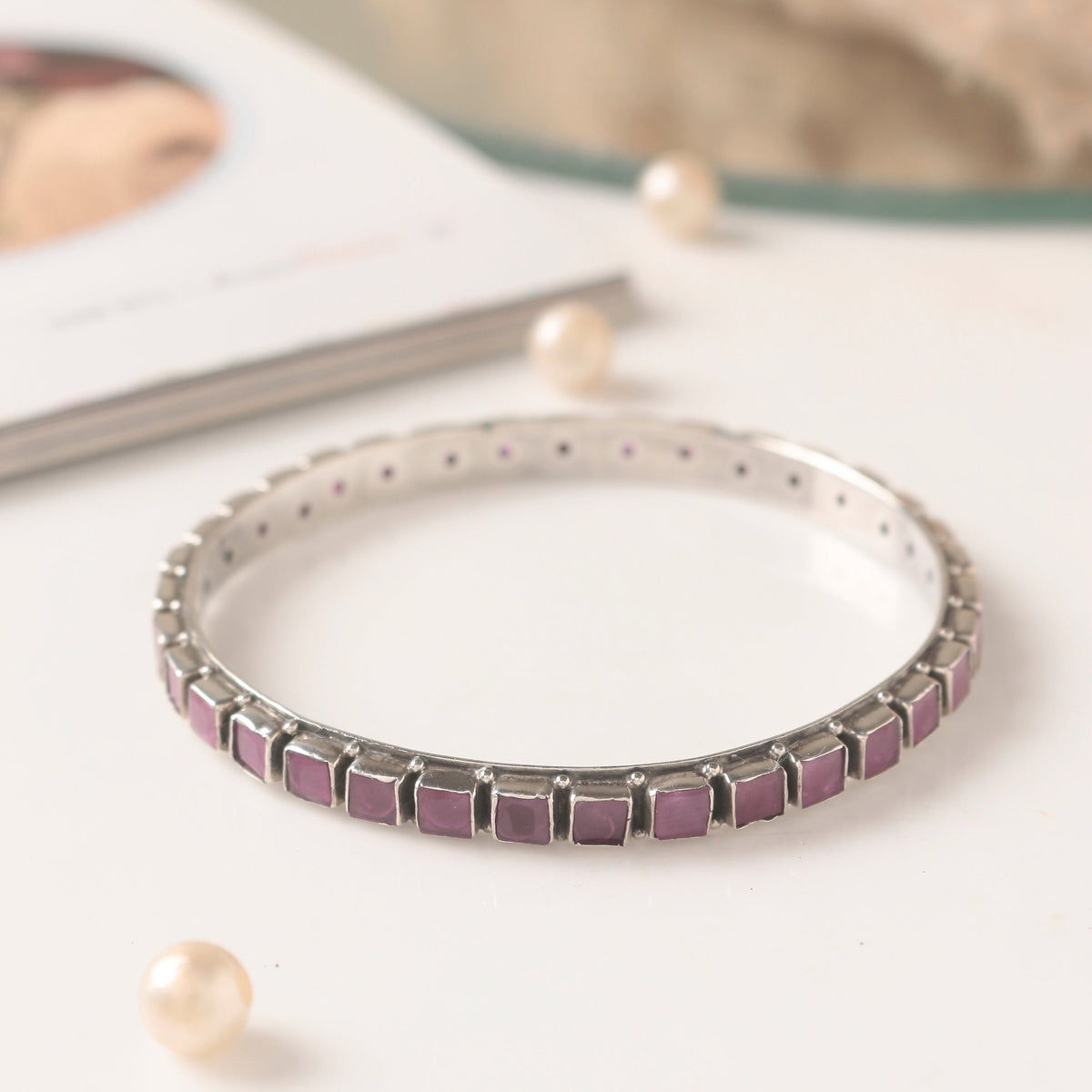 925 Sterling Silver Ruby Gemstone Bangle | Handmade Red Stone Jewelry | Festive & Elegant Accessory