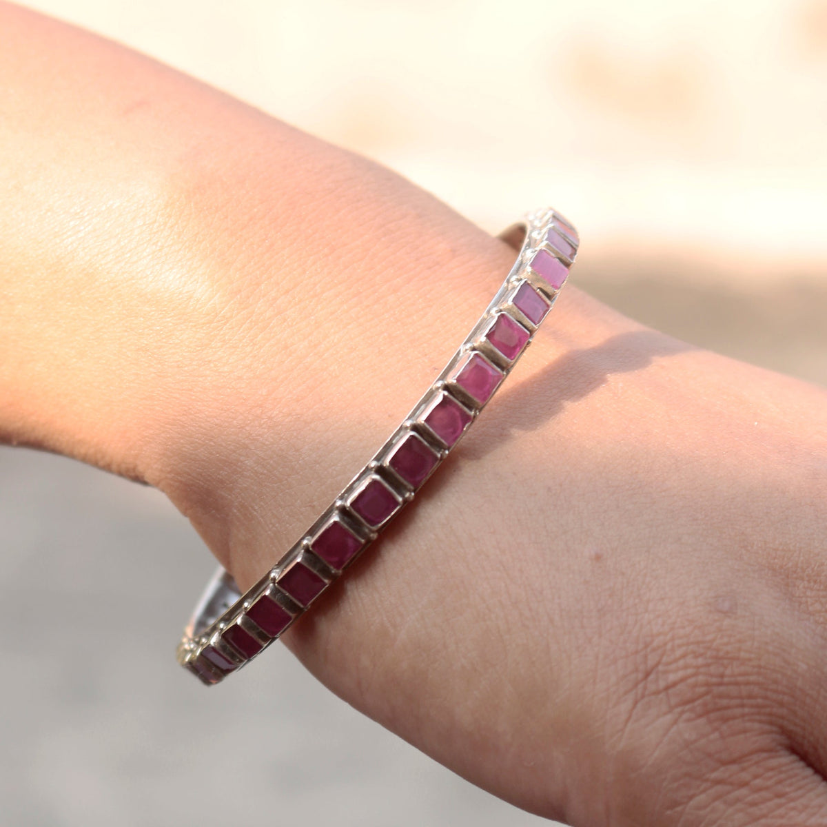 925 Sterling Silver Ruby Gemstone Bangle | Handmade Red Stone Jewelry | Festive & Elegant Accessory