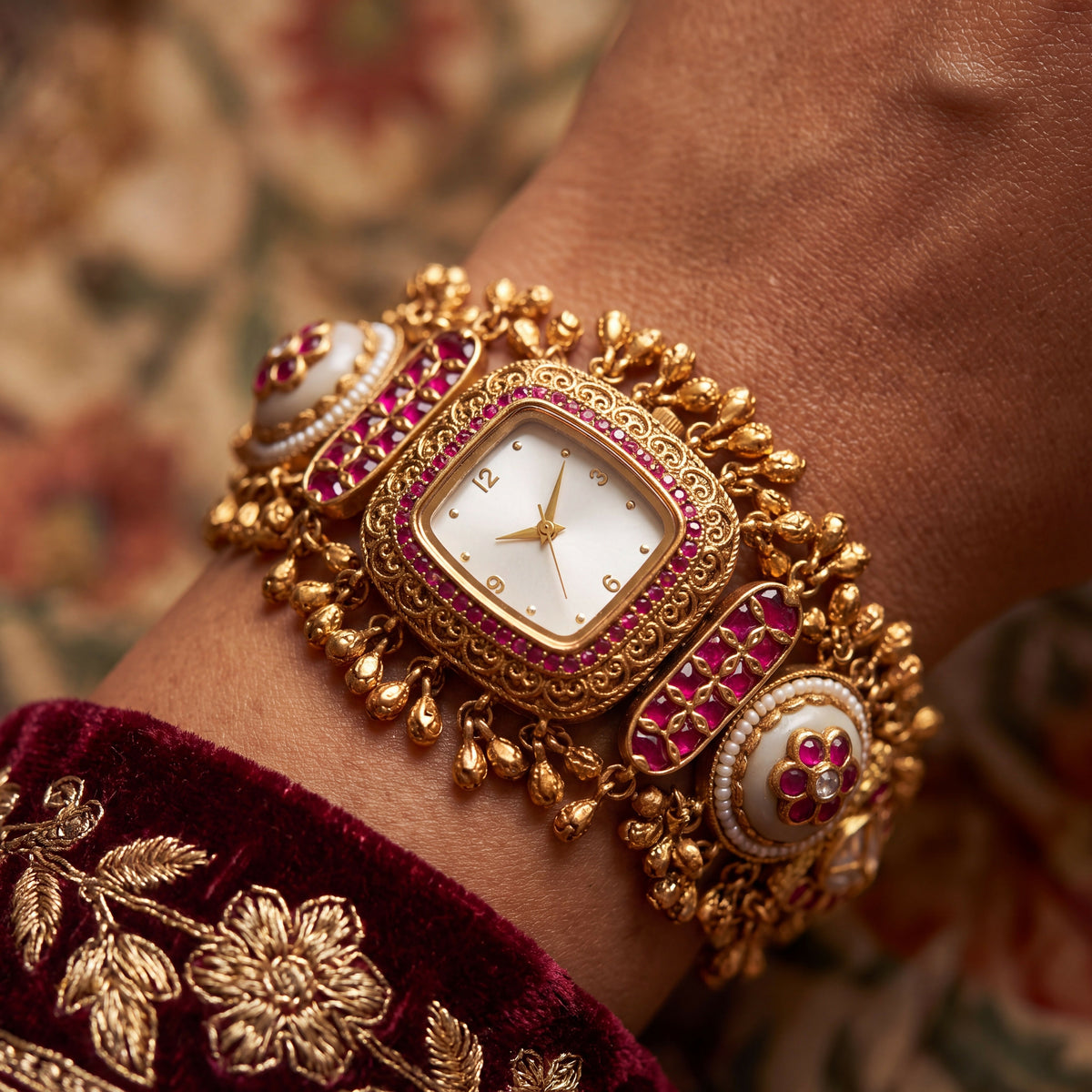 Antique Gold White Dial Ruby Bezel Ghungroo Temple Bracelet Watch for Women & Girls | Stylish Watch | Wrist Watches for Girls | Ideal for gifting | Gift for Diwali, Christmas, Marriage, Birthday, anniversary, wedding