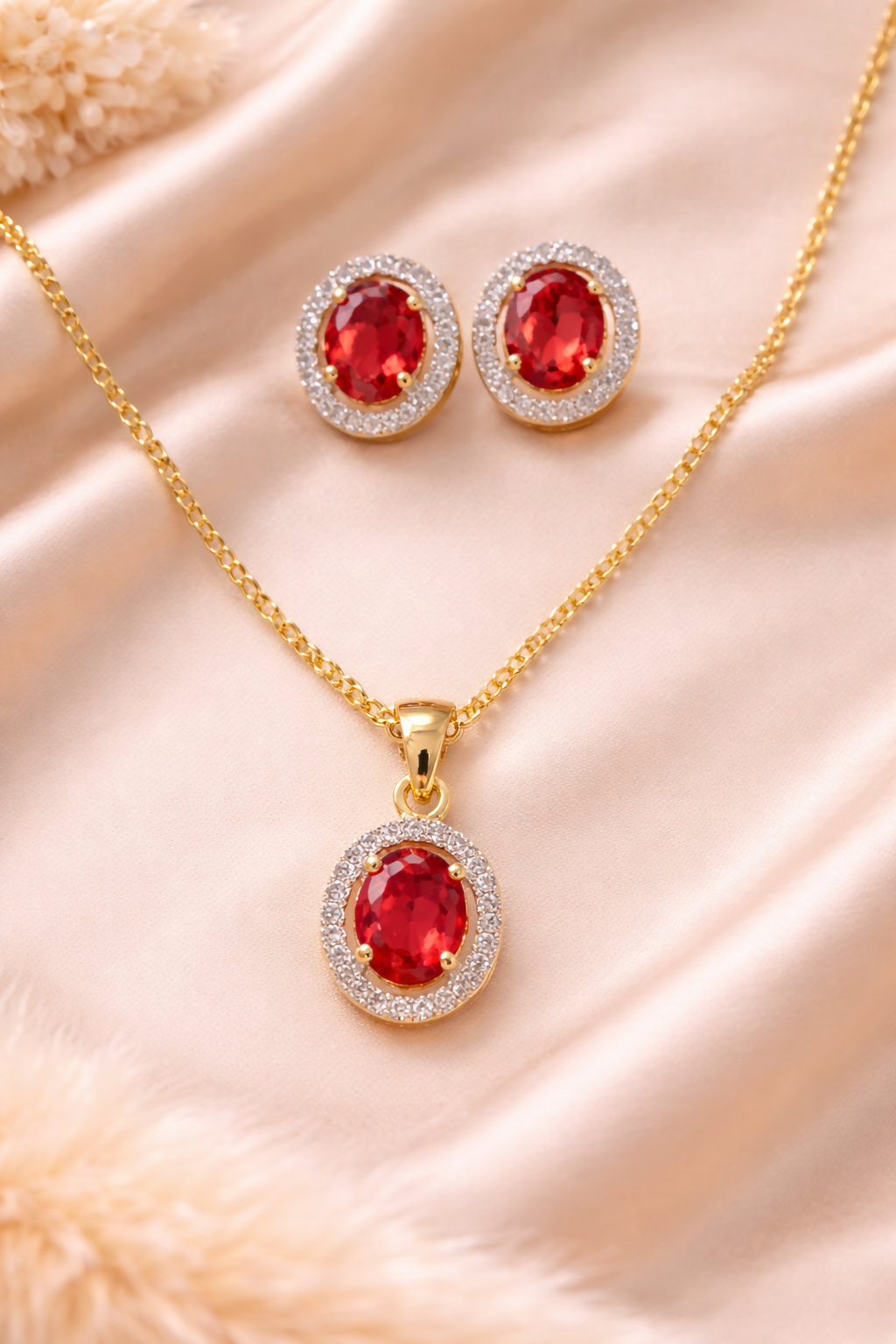 Red Ruby Luxe Gold-Plated Solitaire Halo Pendant & Earrings Set – A Regal Touch of Red