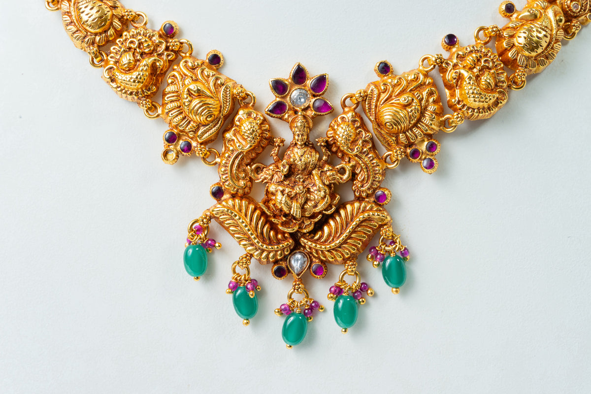 Lakshmi Temple Gold-Plated Choker with Green Beads
