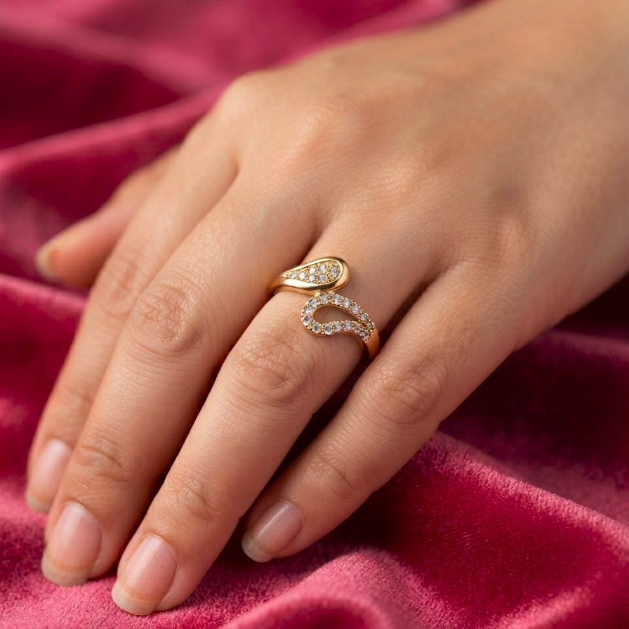 Abstract Swirl Open Ring for Women | Gold-Plated Cubic Zirconia Statement Ring | Anti-Tarnish Designer Ring