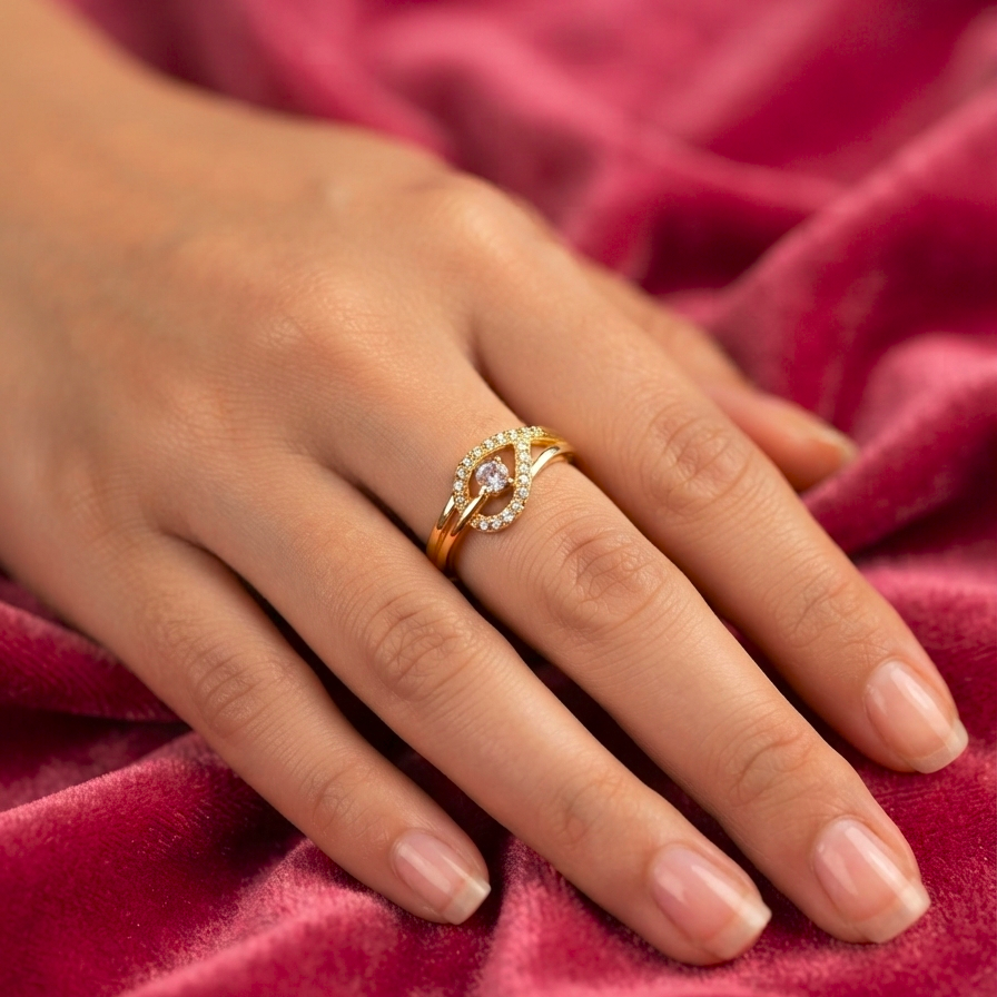 Infinity Twist Halo Solitaire Ring for Women | Gold-Plated Cubic Zirconia Ring | Anti-Tarnish Elegant Jewelry