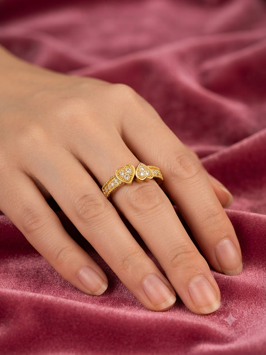 Twin Heart Gold-Plated CZ Ring for Women | Double Heart Couple Ring | Romantic Love Band