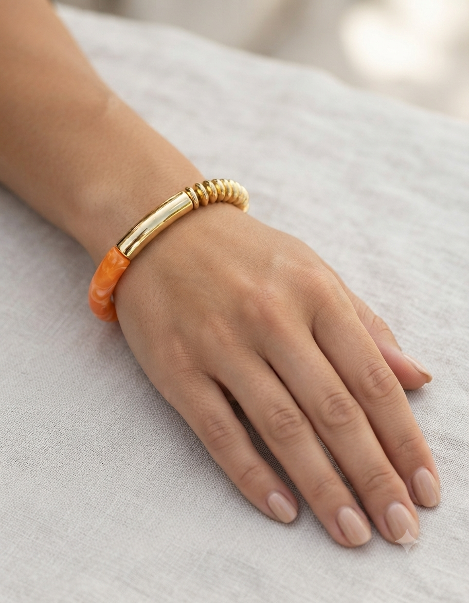 orange-resin-gold-stretch-bracelet-for-women-elastic-statement-bangle-premium-fashion-bracelet