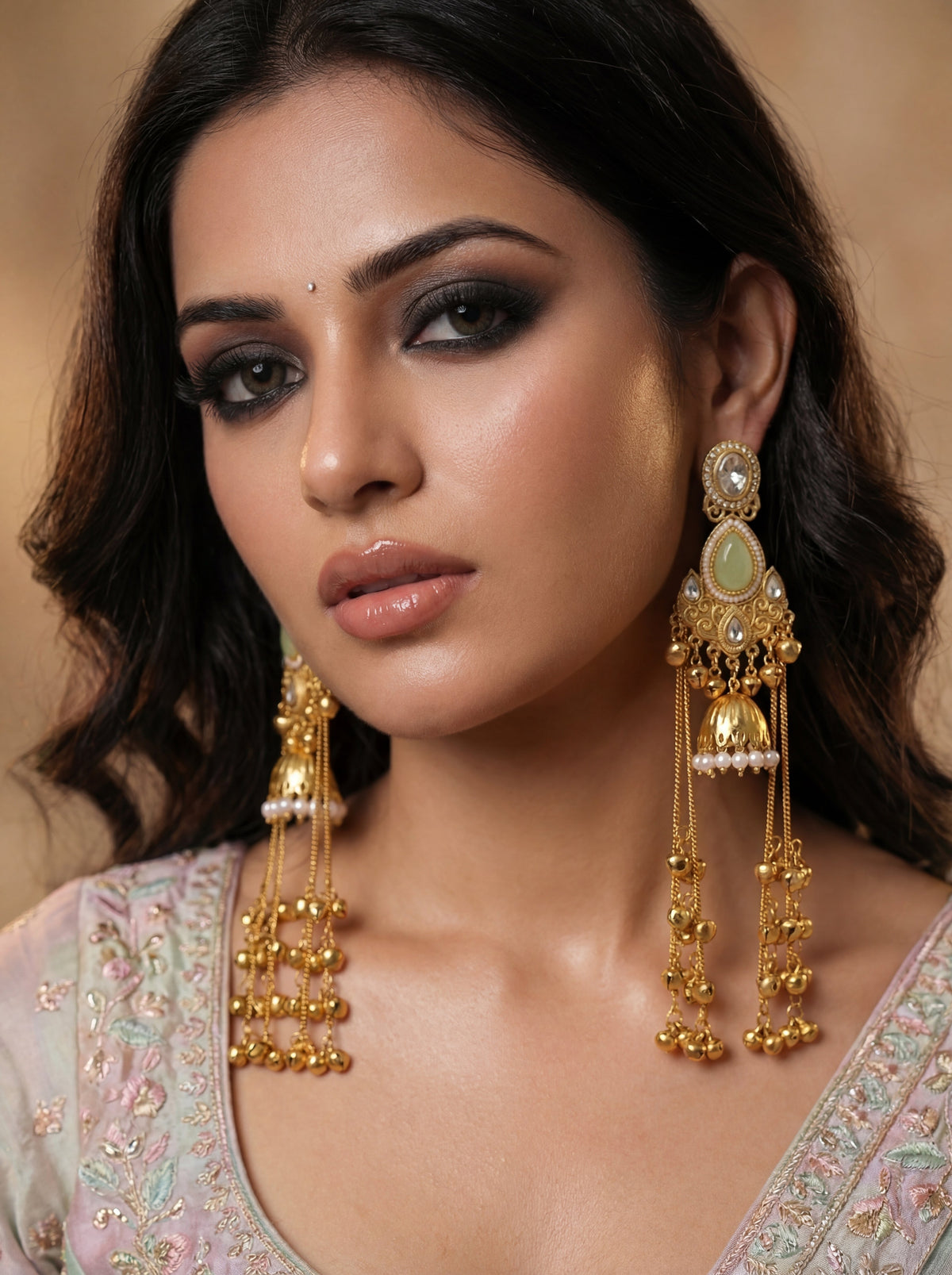Kashmiri Jhumka Light Green Stone Earrings for Women with very long Chains