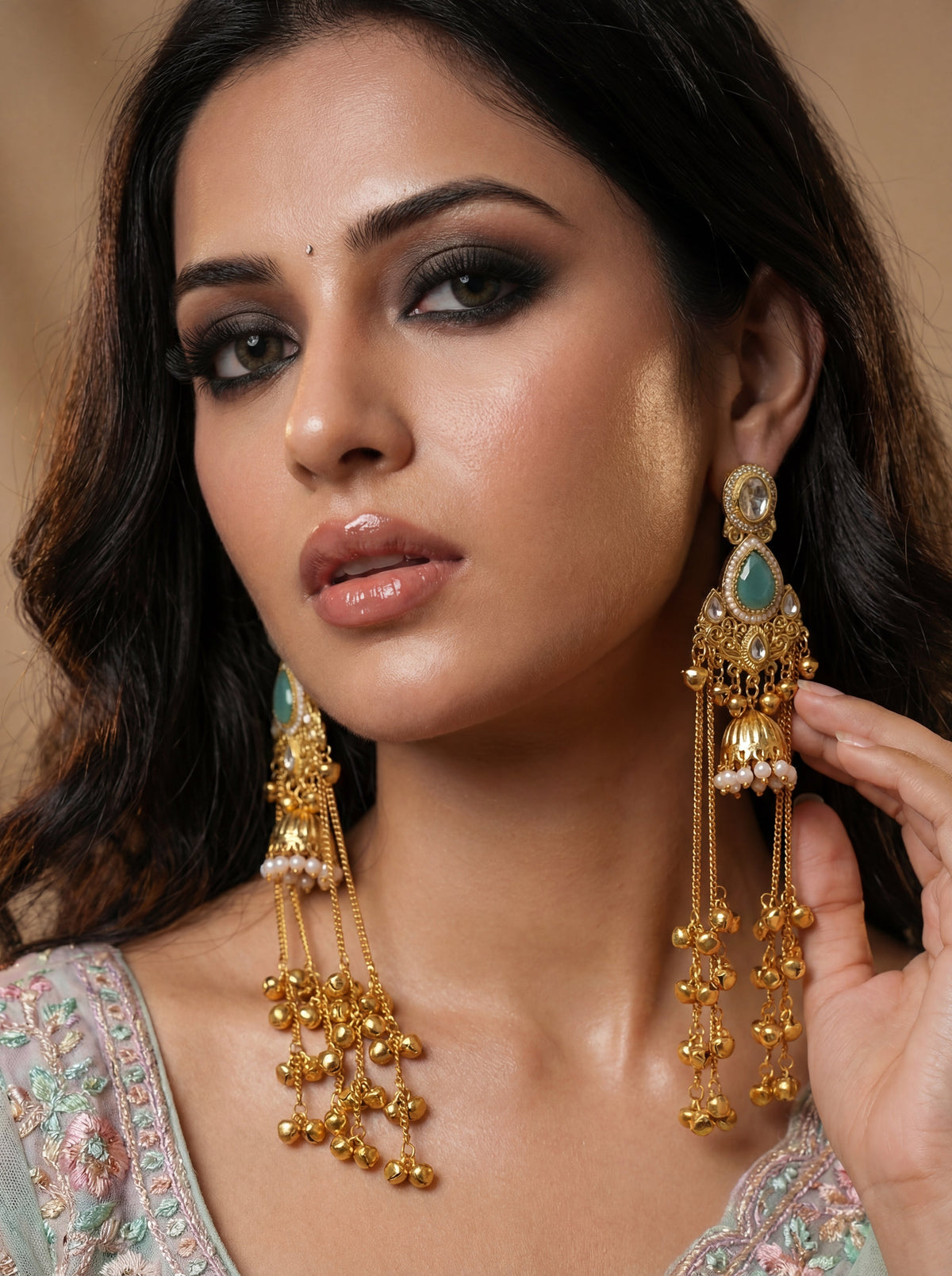 Kashmiri Jhumka SeaGreen Stone  Earrings for Women with very long Chains