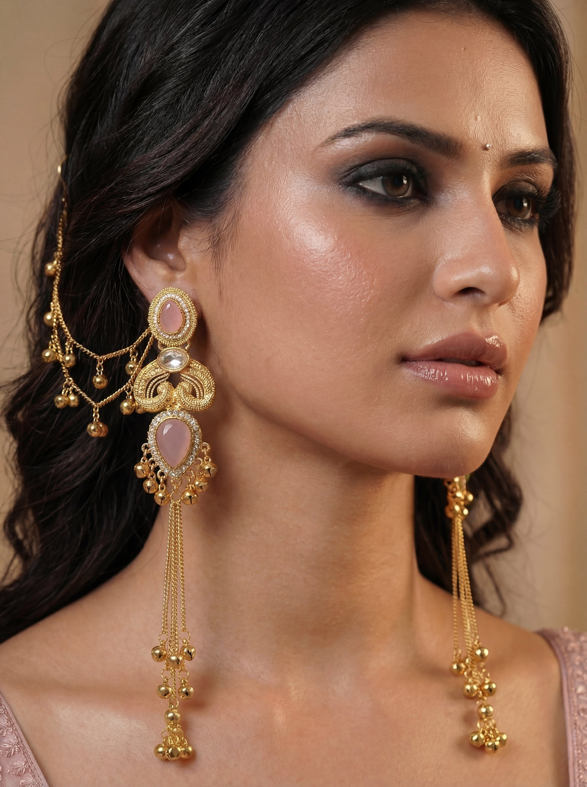 Pink Stone Golden Tone Trendy Long Kashmiri Earrings With Sahara Chain for Girls and Women