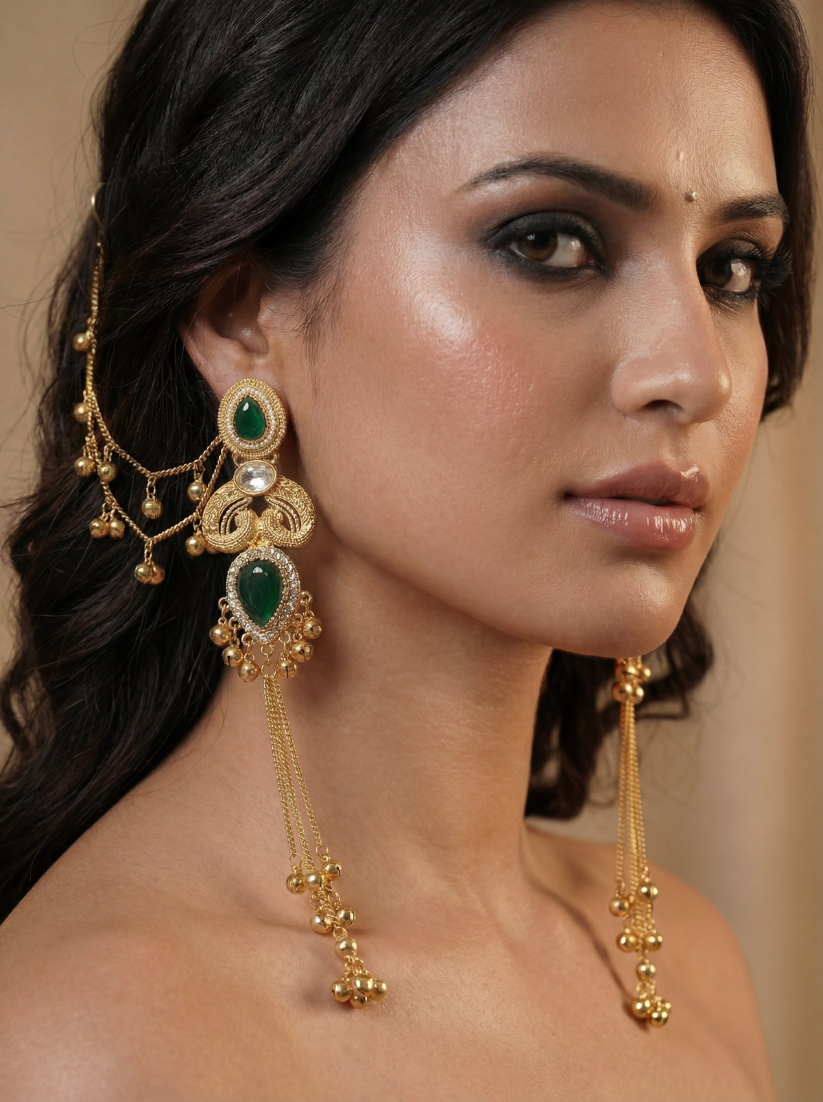 Green Stone Golden Tone Trendy Long Kashmiri Earrings With Sahara Chain for Girls and Women