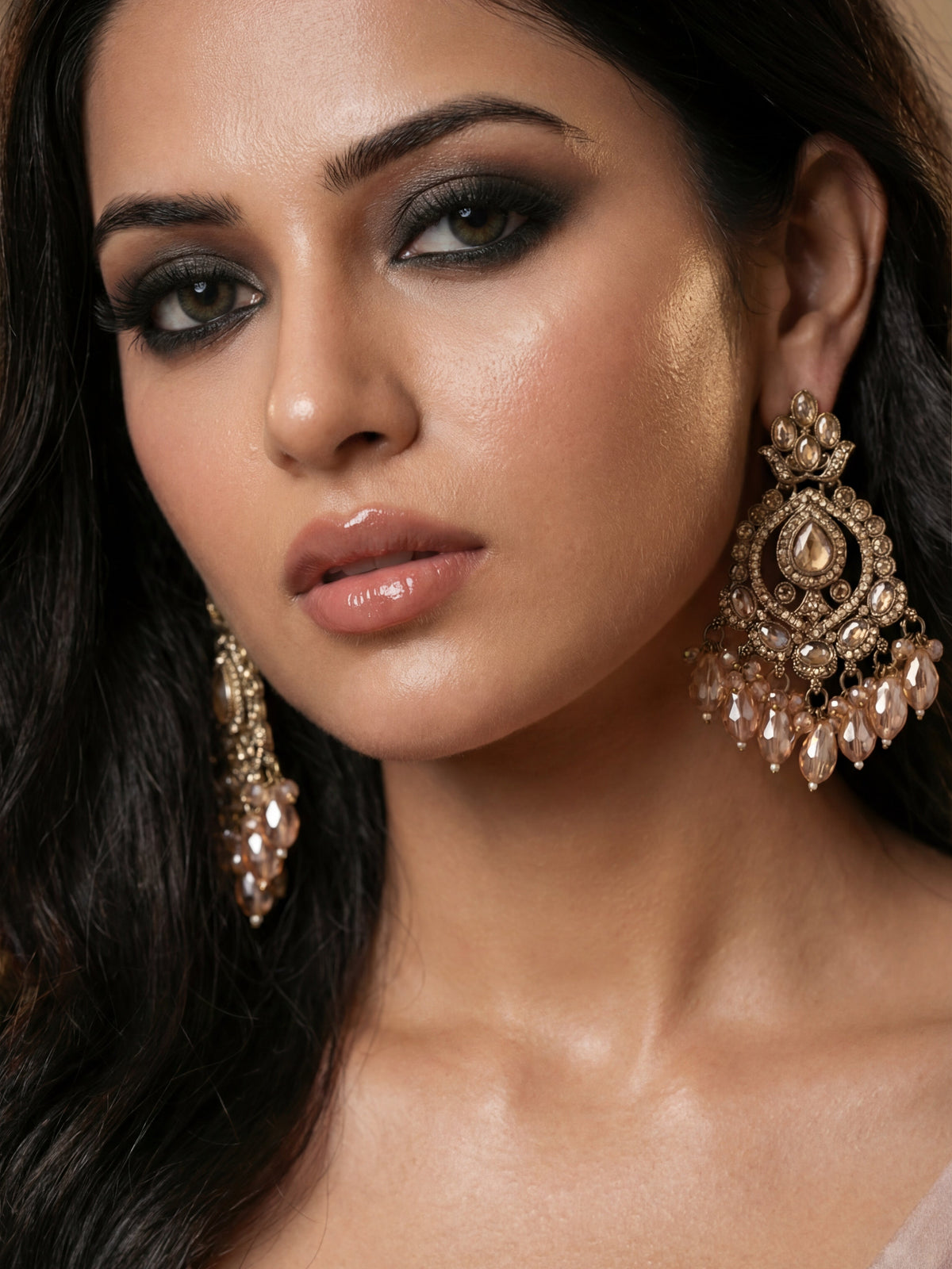 Pear Shaped Golden Champagne Stone Long Gold-Plated Brass Earrings for Women