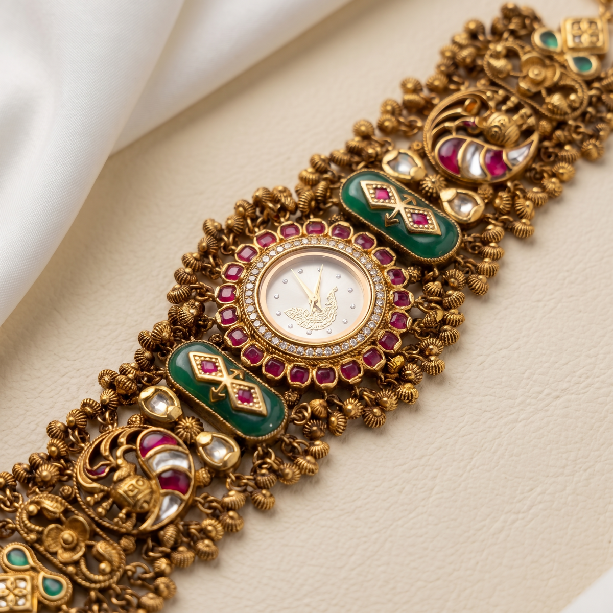 Antique Gold White Dial Peacock Motif Ruby Bezel Green Meenakari Ghungroo Bracelet Watch for Women & Girls | Stylish Watch | Wrist Watches for Girls | Ideal for gifting | Gift for Diwali, Christmas, Marriage, Birthday, anniversary, wedding