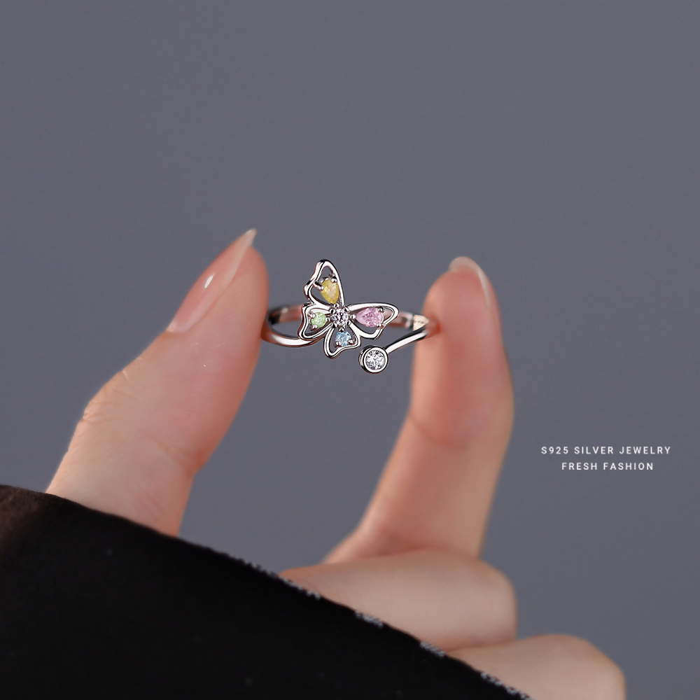 925 Sterling Silver Multicolor Cz Butterfly Adjustable Ring For Women & Girls I Butterfly Ring (Adjustable)