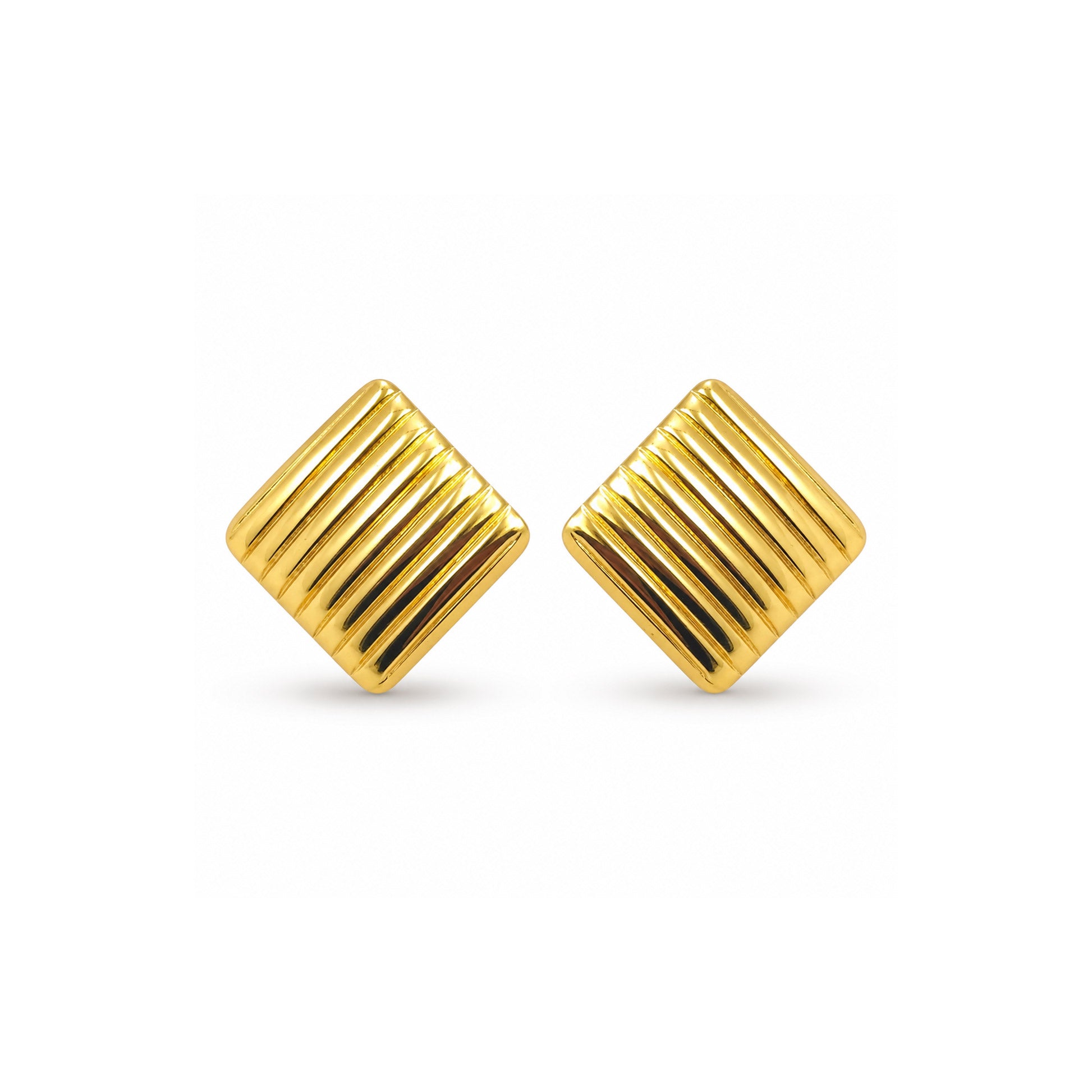 Gold ribbed square stud earrings pair with polished finish on white background