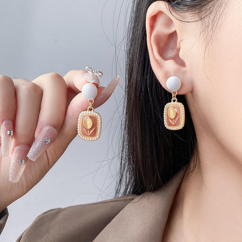 astria-jewellery-orange-enamel-pearl-drop-earrings-for-women-gold-plated-vintage-statement-earrings-elegant-retro-style-jewellery-for-girls