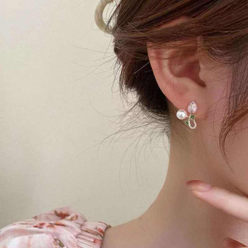 astria-jewellery-gold-plated-floral-pearl-stud-earrings-for-women-crystal-vine-design-with-pink-stone-bud-elegant-minimal-daily-party-wear-jewellery