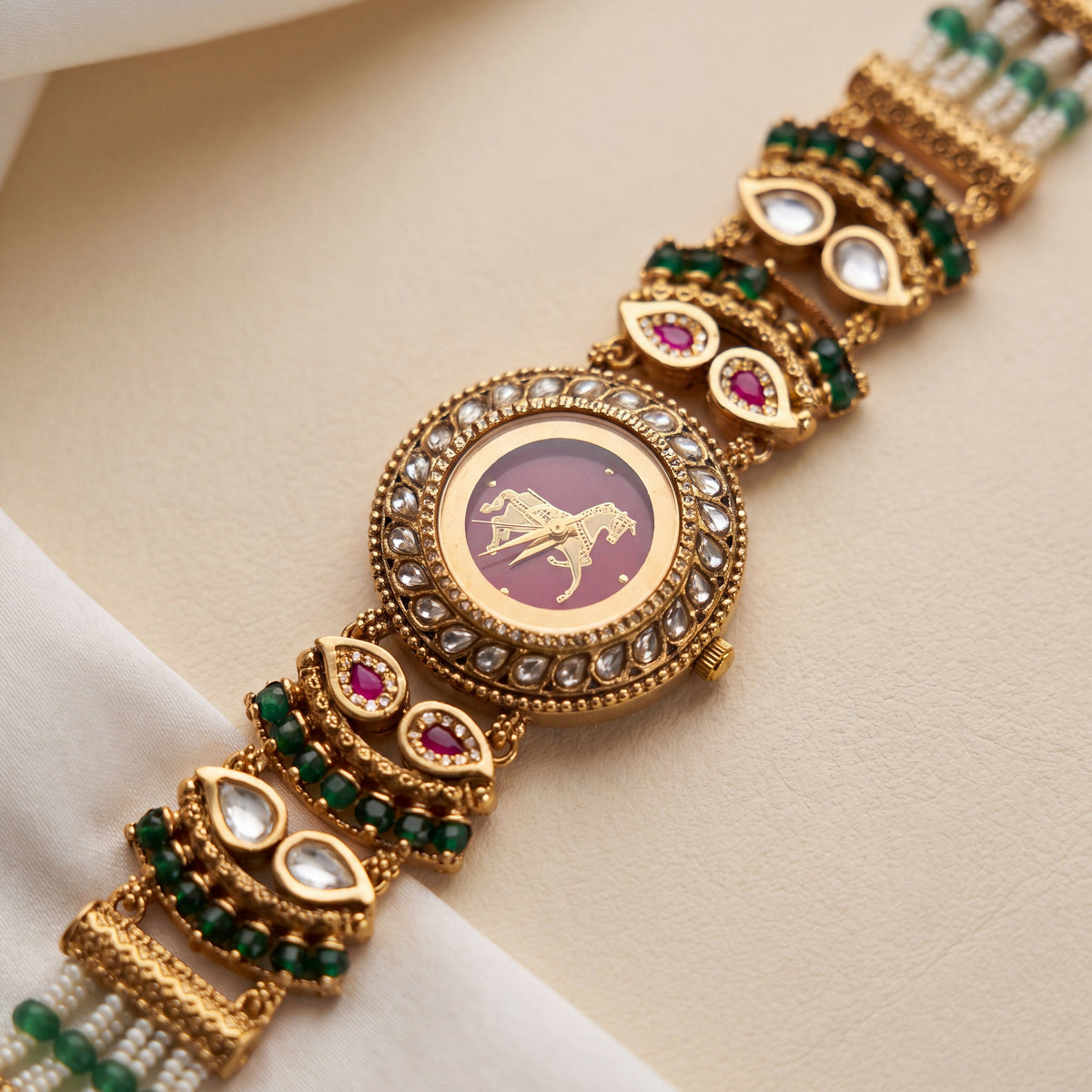 Antique Gold Maroon Dial Horse Motif Polki Bracelet Watch for Women & Girls | Stylish Watch | Wrist Watches for Girls | Ideal for gifting | Gift for Diwali, Christmas, Marriage, Birthday, anniversary, wedding