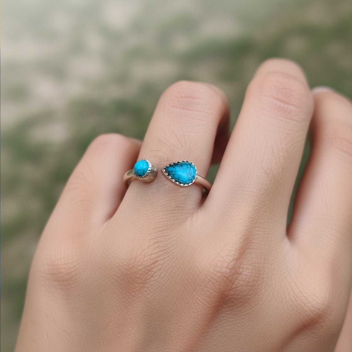 925 Silver Drop & round shaped Turquoise Ring in modern design handmade with bezel setting of stones.
