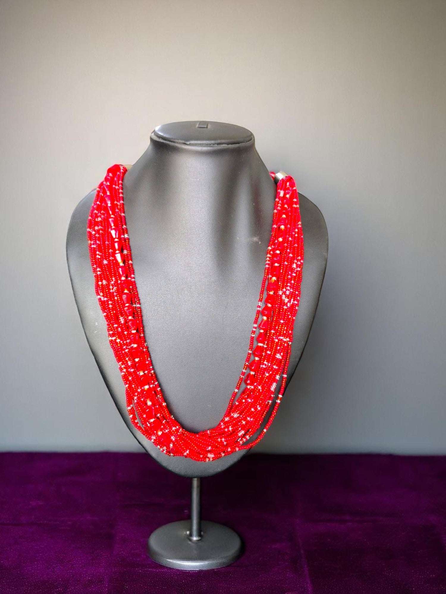 Crimson Luxe â€“ Multi-Layered Glass & Crystal Bead Adjustable Statement Handmade Necklace