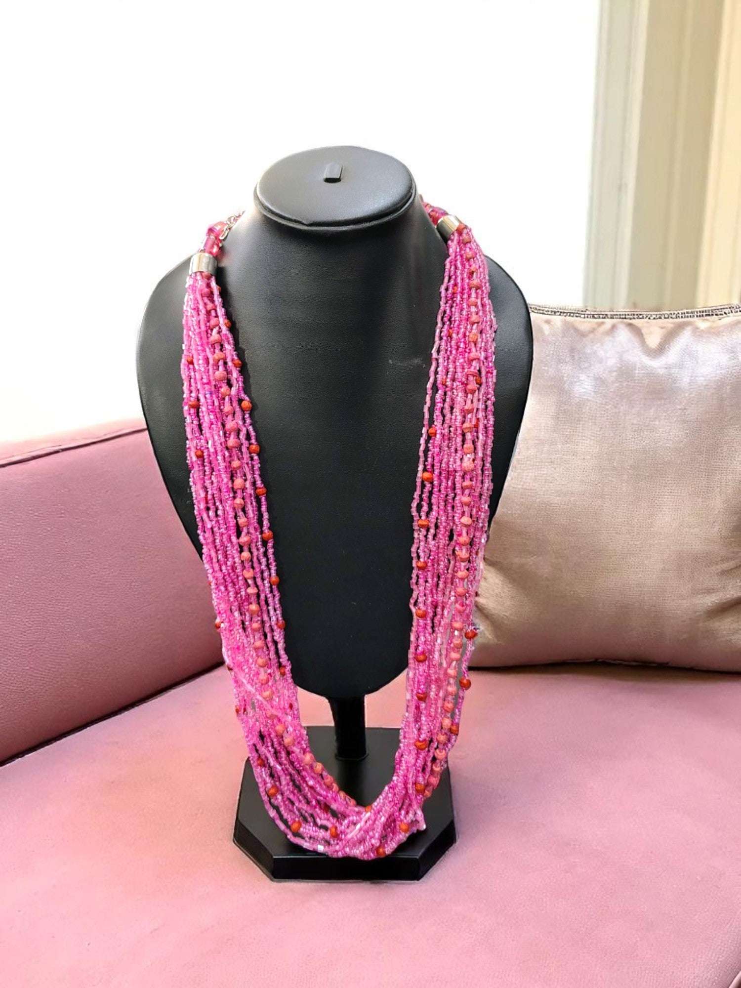 Blush Bloomâ€“ Baby Pink Statement Beaded Necklace | Glass + Crystal Layers | Handmade by INHANSS